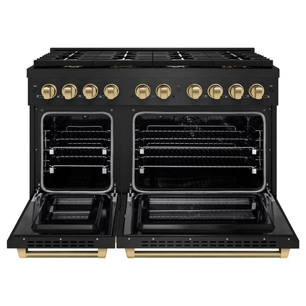 ZLINE Autograph Edition 48 in. 6.7 cu. ft. Paramount Double Oven Dual Fuel Range with 8 Burner Gas Cooktop in Black Stainless Steel and Champagne Bronze Helix Handles and Knob Accents (SDRBZ-48-KCB)