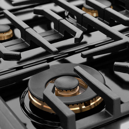 ZLINE Autograph Edition 48 in. 6.7 cu. ft. Paramount Double Oven Dual Fuel Range with 8 Burner Gas Cooktop in Black Stainless Steel and Polished Gold Helix Handles and Knob Accents (SDRBZ-48-KG)