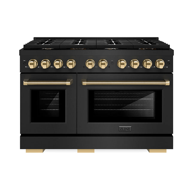 ZLINE Autograph Edition 48 in. 6.7 cu. ft. Paramount Double Oven Dual Fuel Range with 8 Burner Gas Cooktop in Black Stainless Steel and Polished Gold Helix Handles and Knob Accents (SDRBZ-48-KG)