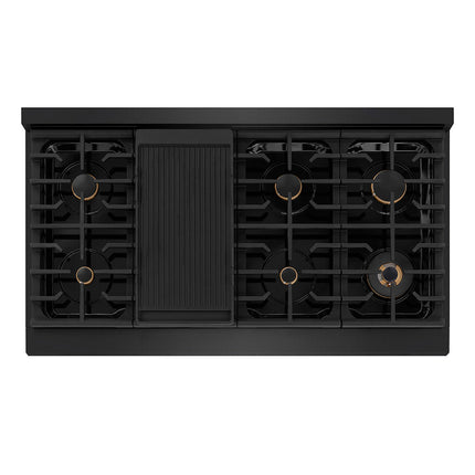 ZLINE Autograph Edition 48 in. 6.7 cu. ft. Paramount Double Oven Dual Fuel Range with 8 Burner Gas Cooktop in Black Stainless Steel and Polished Gold Helix Handles and Knob Accents (SDRBZ-48-KG)