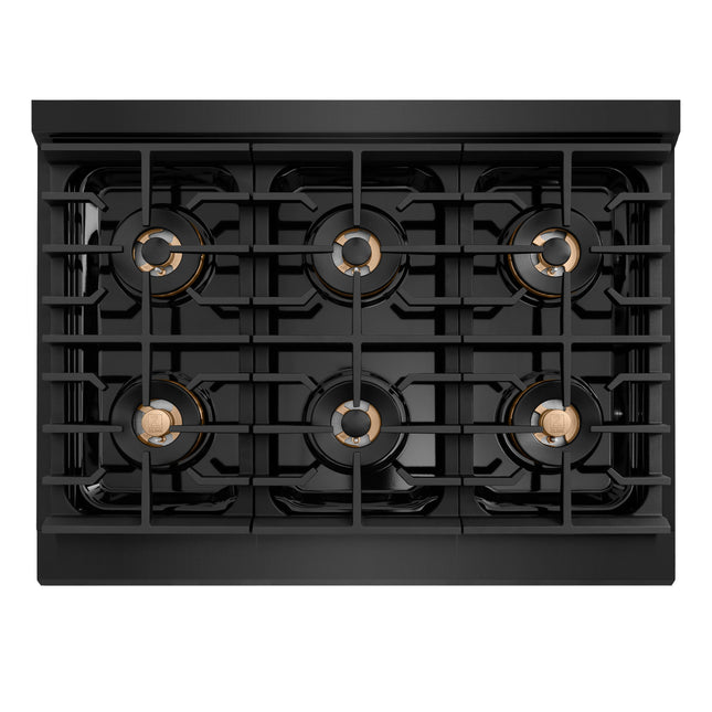 ZLINE Autograph Edition 36 in. 5.2 cu. ft. Paramount Dual Fuel Range with 6 Burner DuoPro™ Cooktop and Electric Convection Oven in Black Stainless Steel with Polished Gold Helix Handle and Accents (PSDRBZ-36-KG)