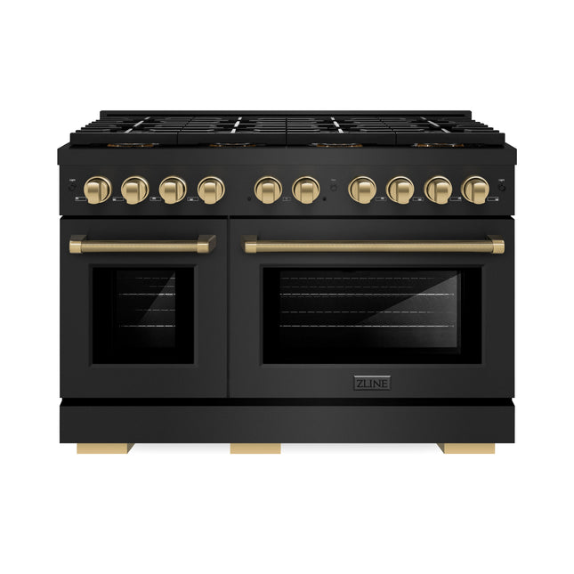ZLINE Autograph Edition 48 in. 6.7 cu. ft. Paramount Dual Fuel Range with 8 Burner DuoPro™ Cooktop and Dual Ovens in Black Stainless Steel with Champagne Bronze Helix Handles and Accents (PSDRBZ-48-KCB)