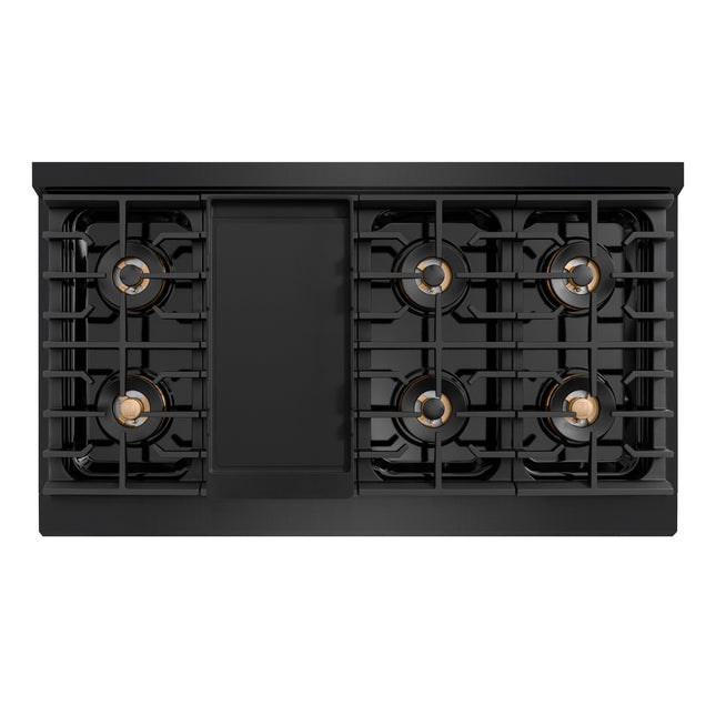 ZLINE Autograph Edition 48 in. 6.7 cu. ft. Paramount Dual Fuel Range with 8 Burner DuoPro™ Cooktop and Dual Ovens in Black Stainless Steel with Champagne Bronze Helix Handles and Accents (PSDRBZ-48-KCB)
