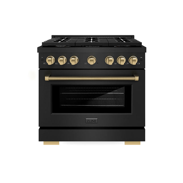 ZLINE Autograph Edition 36 in. 5.2 cu. ft. Paramount Gas Range with 6 Burner Cooktop and Convection Gas Oven in Black Stainless Steel with Champagne Bronze Helix Handle and Knob Accents (SGRBZ-36-KCB)
