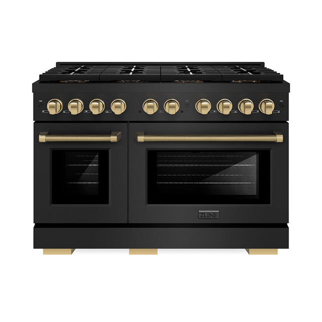 ZLINE Autograph Edition 48 in. 6.7 cu. ft. Paramount Gas Range with 8 Burner DuoPro™ Cooktop and Dual Ovens in Black Stainless Steel with Champagne Bronze Helix Handles and Accents (PSGRBZ-48-KCB)