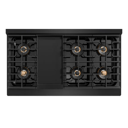 ZLINE Autograph Edition 48 in. 6.7 cu. ft. Paramount Gas Range with 8 Burner DuoPro™ Cooktop and Dual Ovens in Black Stainless Steel with Polished Gold Helix Handles and Accents (PSGRBZ-48-KG)
