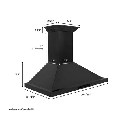 36" ZLINE CrownSound™Ducted Vent Wall Mount Range Hood in Black Stainless Steel with Built-in Bluetooth Speakers (BSKBNCRN-BT-36)