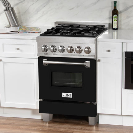 ZLINE 24 in. 2.8 cu. ft. Legacy Dual Fuel Range with 4 Burner Gas Cooktop and Electric Convection Oven in Satin Stainless Steel and Black Matte Door (RAS-BLM-24)