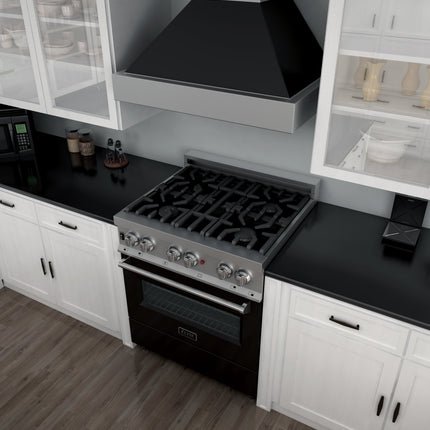ZLINE 30 in. 4.0 cu. ft. Legacy Dual Fuel Range with 4 Burner Gas Cooktop and Electric Convection Oven in Satin Stainless Steel and Black Matte Door (RAS-BLM-30)