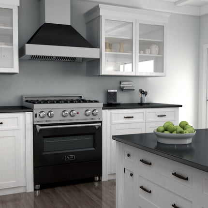 ZLINE 30 in. 4.0 cu. ft. Legacy Dual Fuel Range with 4 Burner Gas Cooktop and Electric Convection Oven in Satin Stainless Steel and Black Matte Door (RAS-BLM-30)