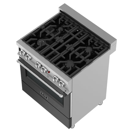 ZLINE 30 in. 4.0 cu. ft. Legacy Dual Fuel Range with 4 Burner Gas Cooktop and Electric Convection Oven in Satin Stainless Steel and Black Matte Door (RAS-BLM-30)
