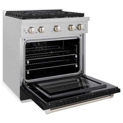 ZLINE 30 in. 4.2 cu. ft. Paramount Dual Fuel Range with 4 Burner Gas Cooktop and Electric Convection Oven in Satin Stainless Steel with Black Matte Door (SDRS-BLM-30)