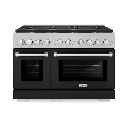 ZLINE 48 in. 6.7 cu. ft. Paramount Double Oven Dual Fuel Range with 8 Burner Gas Cooktop in Satin Stainless Steel with Black Matte Doors (SDRS-BLM-48)