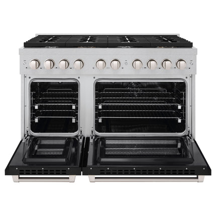 ZLINE 48 in. 6.7 cu. ft. Paramount Double Oven Dual Fuel Range with 8 Burner Gas Cooktop in Satin Stainless Steel with Black Matte Doors (SDRS-BLM-48)