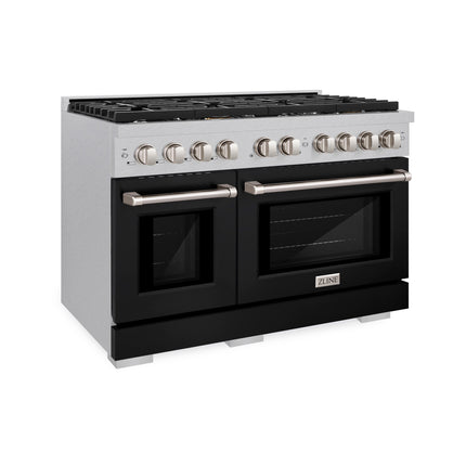ZLINE 48 in. 6.7 cu. ft. Paramount Double Oven Dual Fuel Range with 8 Burner Gas Cooktop in Satin Stainless Steel with Black Matte Doors (SDRS-BLM-48)