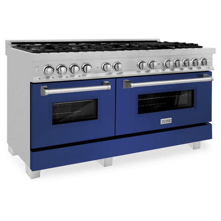 ZLINE 60 in. 7.4 cu. ft. Legacy Dual Fuel Range with 9 Burner Gas Cooktop and 2 Electric Convection Ovens in Satin Stainless Steel and Blue Matte Doors (RAS-BM-60)