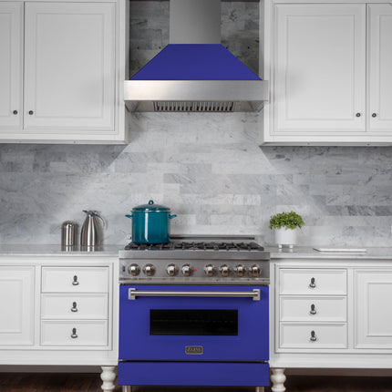 ZLINE 36 in. 4.6 cu. ft. Legacy Dual Fuel Range with 6 Burner Gas Cooktop and Electric Convection Oven in Satin Stainless Steel and Blue Matte Door (RAS-BM-36)