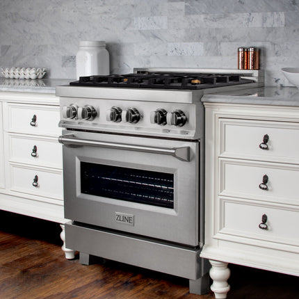 ZLINE 30 in. 4.0 cu. ft. Legacy Dual Fuel Range with Gas Cooktop and Electric Convection Oven in Satin Stainless Steel with 4 Brass Burners (RAS-SN-BR-30)