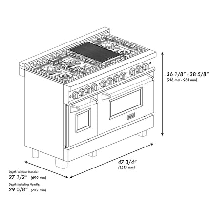 ZLINE 48 in. 6.0 cu. ft. Legacy Dual Fuel Range with Gas Cooktop and 2 Electric Ovens in Satin Stainless Steel with 6 Brass Burners (RAS-SN-BR-48)