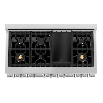ZLINE 48 in. 6.0 cu. ft. Legacy Dual Fuel Range with Gas Cooktop and 2 Electric Ovens in Satin Stainless Steel with 6 Brass Burners (RAS-SN-BR-48)