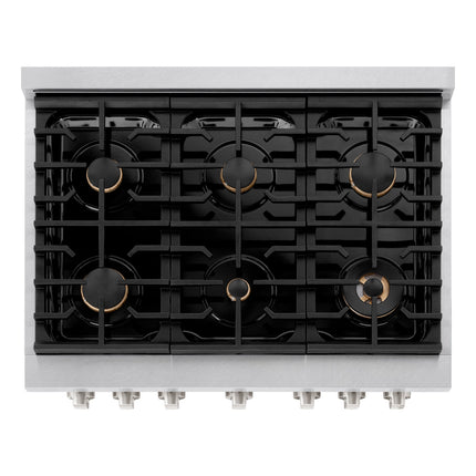 ZLINE 36 in. 5.2 cu. ft. Paramount Dual Fuel Range with Gas Cooktop and Electric Convection Oven in Satin Stainless Steel with 6 Brass Burners (SDRS-BR-36)