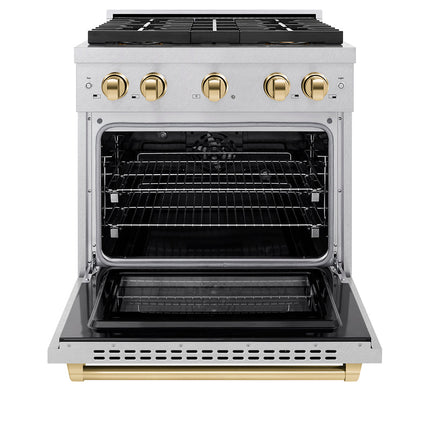 ZLINE Autograph Edition 30 in. 4.2 cu. ft. Paramount Dual Fuel Range with 4 Burner DuoPro™ Cooktop and Electric Convection Oven in Satin Stainless Steel and Polished Gold Accents (PSDRSZ-30-G)