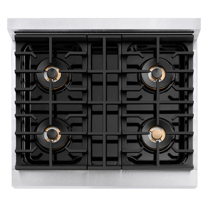 ZLINE Autograph Edition 30 in. 4.2 cu. ft. Paramount Dual Fuel Range with 4 Burner DuoPro™ Cooktop and Electric Convection Oven in Satin Stainless Steel and Polished Gold Accents (PSDRSZ-30-G)