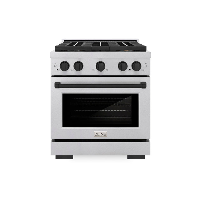 ZLINE Autograph Edition 30 in. 4.2 cu. ft. Paramount Dual Fuel Range with 4 Burner DuoPro™ Cooktop and Electric Convection Oven in Satin Stainless Steel and Matte Black Accents (PSDRSZ-30-MB)