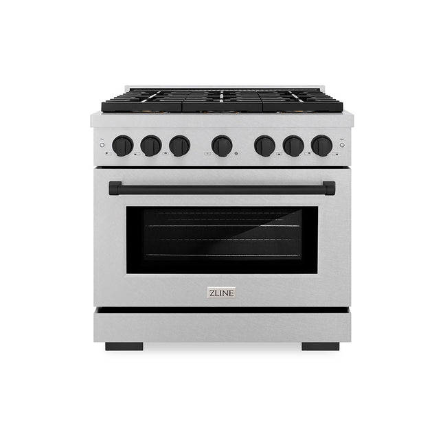 ZLINE Autograph Edition 36 in. 5.2 cu. ft. Paramount Dual Fuel Range with 6 Burner DuoPro™ Cooktop and Electric Convection Oven in Satin Stainless Steel and Matte Black Accents (PSDRSZ-36-MB)