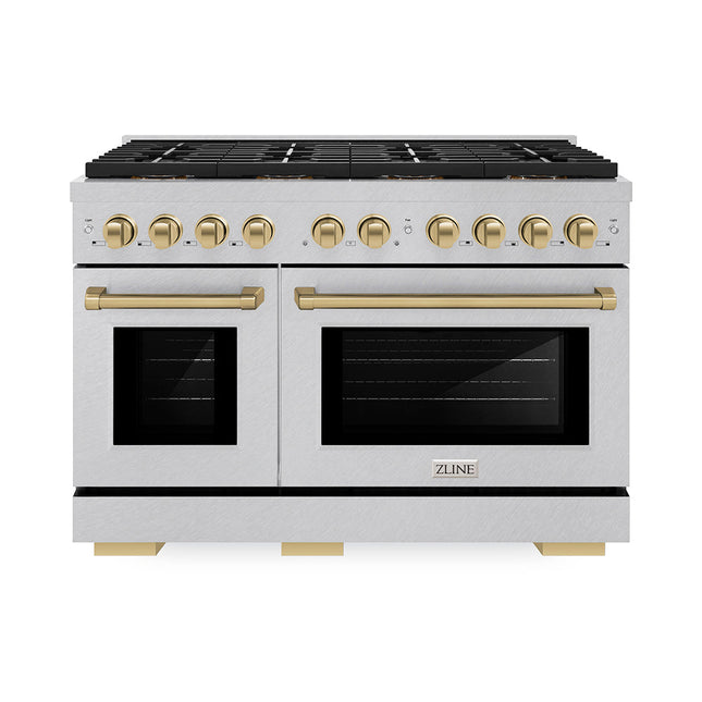 ZLINE Autograph Edition 48 in. 6.7 cu. ft. Paramount Dual Fuel Range with 8 Burner DuoPro™ Cooktop and Dual Ovens in Satin Stainless Steel and Champagne Bronze Accents (PSDRSZ-48-CB)
