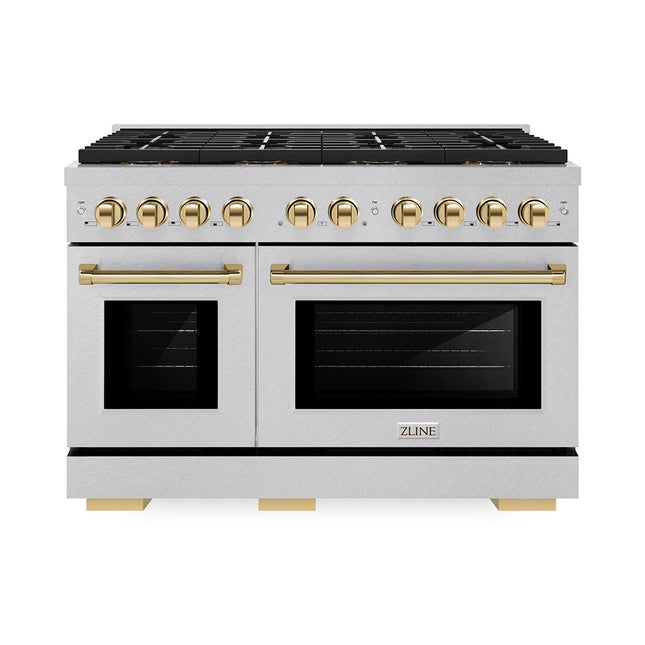 ZLINE Autograph Edition 48 in. 6.7 cu. ft. Paramount Dual Fuel Range with 8 Burner DuoPro™ Cooktop and Dual Ovens in Satin Stainless Steel and Polished Gold Accents (PSDRSZ-48-G)