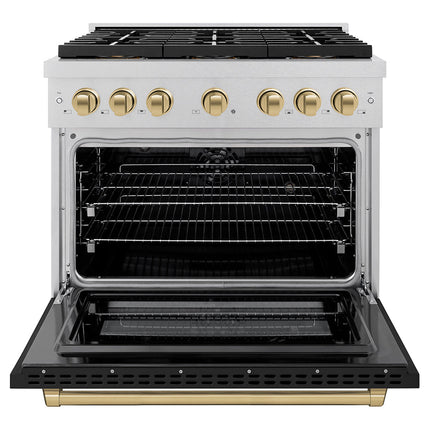 ZLINE Autograph Edition 36 in. 5.2 cu. ft. Paramount Dual Fuel Range with 6 Burner DuoPro™ Cooktop and Electric Convection Oven in Satin Stainless Steel with Black Matte Door and Champagne Bronze Accents (PSDRSZ-BLM36-CB)