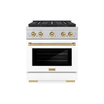 ZLINE Autograph Edition 30 in. 4.2 cu. ft. Paramount Dual Fuel Range with 4 Burner DuoPro™ Cooktop and Electric Convection Oven in Satin Stainless Steel with White Matte Door and Champagne Bronze Accents (PSDRSZ-WM-30-CB)