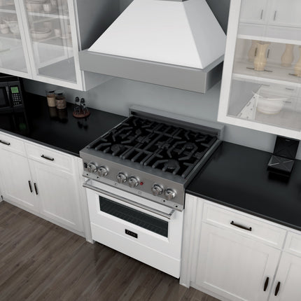 ZLINE 30 in. 4.0 cu. ft. Legacy Dual Fuel Range with 4 Burner Gas Cooktop and Electric Convection Oven in Satin Stainless Steel and White Matte Door (RAS-WM-30)