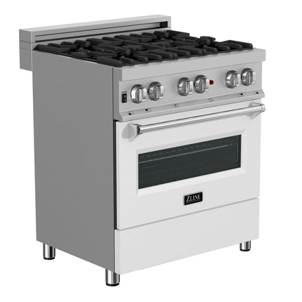 ZLINE 30 in. 4.0 cu. ft. Legacy Dual Fuel Range with 4 Burner Gas Cooktop and Electric Convection Oven in Satin Stainless Steel and White Matte Door (RAS-WM-30)