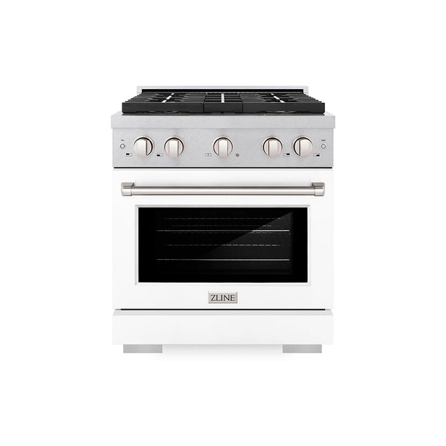ZLINE 30 in. 4.2 cu. ft. Paramount Gas Range with 4 Burner DuoPro™ Cooktop and Convection Gas Oven in Satin Stainless Steel with White Matte Door (PSGRS-WM-30)