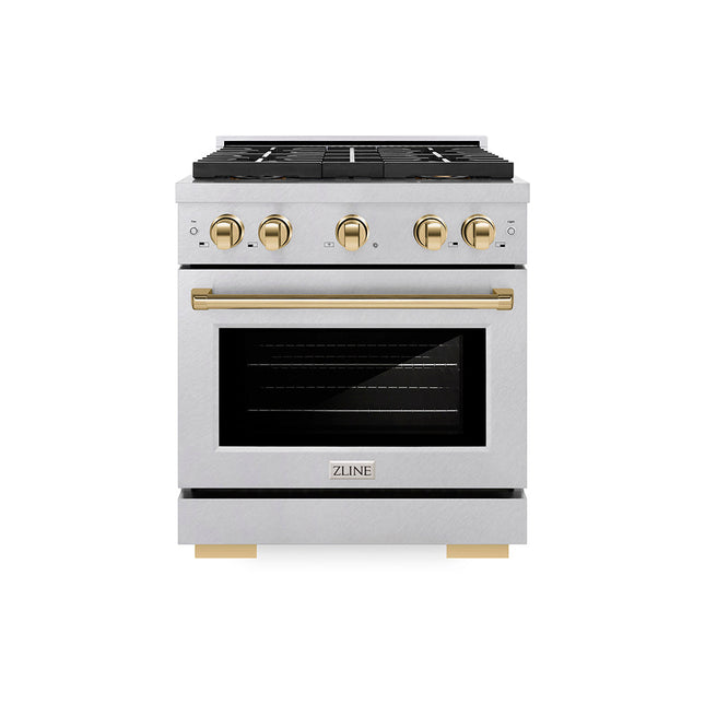 ZLINE Autograph Edition 30 in. 4.2 cu. ft. Paramount Gas Range with 4 Burner DuoPro™ Cooktop and Convection Gas Oven in Satin Stainless Steel and Polished Gold Accents (PSGRSZ-30-G)