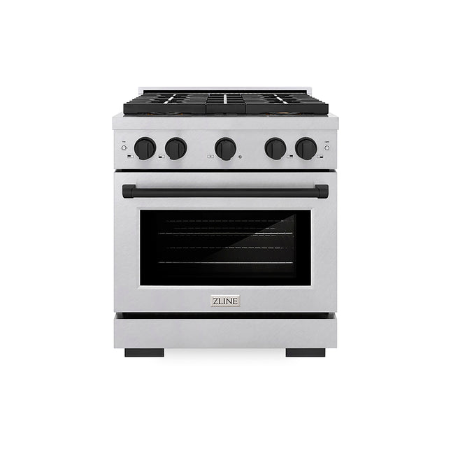 ZLINE Autograph Edition 30 in. 4.2 cu. ft. Paramount Gas Range with 4 Burner DuoPro™ Cooktop and Convection Gas Oven in Satin Stainless Steel and Matte Black Accents (PSGRSZ-30-MB)