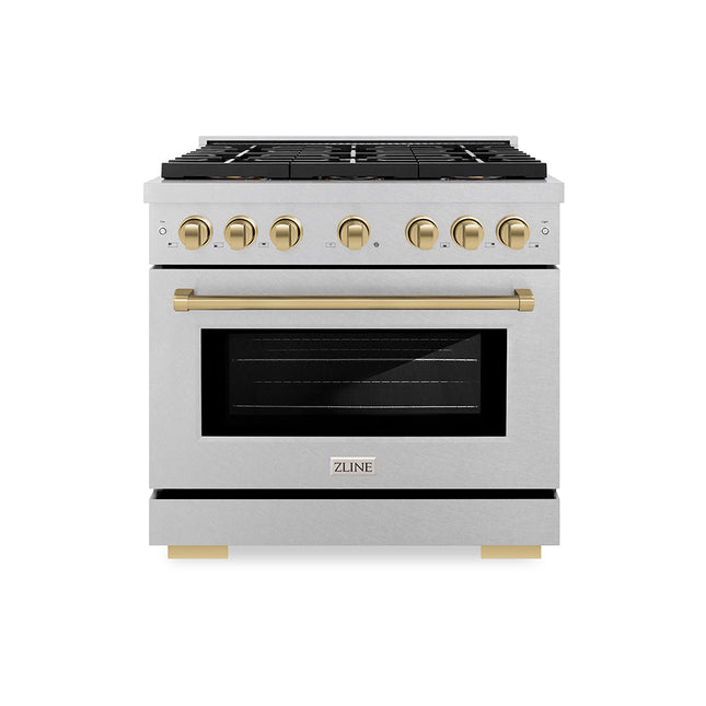 ZLINE Autograph Edition 36 in. 5.2 cu. ft. Paramount Gas Range with 6 Burner DuoPro™ Cooktop and Convection Gas Oven in Satin Stainless Steel and Champagne Bronze Accents (PSGRSZ-36-CB)