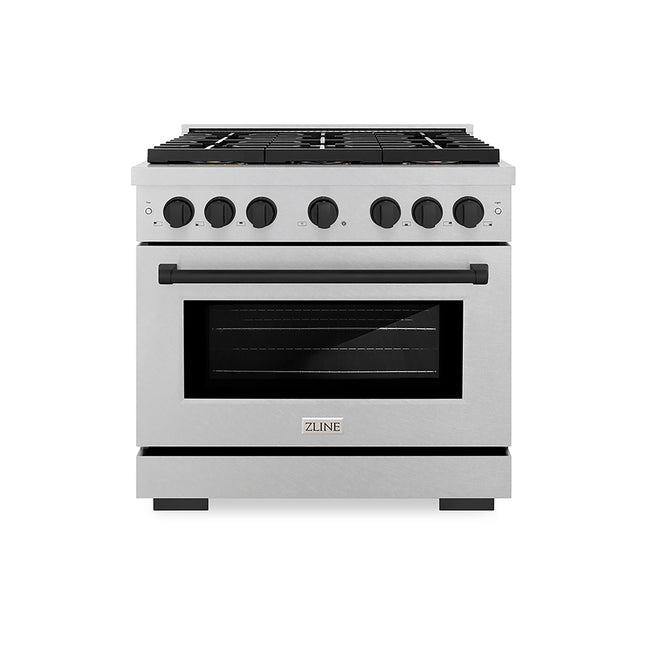 ZLINE Autograph Edition 36 in. 5.2 cu. ft. Paramount Gas Range with 6 Burner DuoPro™ Cooktop and Convection Gas Oven in Satin Stainless Steel and Matte Black Accents (PSGRSZ-36-MB)