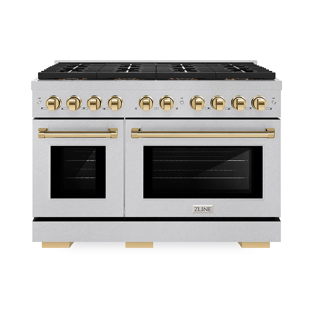 ZLINE Autograph Edition 48 in. 6.7 cu. ft. Paramount Gas Range with 8 Burner DuoPro™ Cooktop and Dual Ovens in Satin Stainless Steel and Polished Gold Accents (PSGRSZ-48-G)