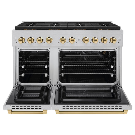 ZLINE Autograph Edition 48 in. 6.7 cu. ft. Paramount Gas Range with 8 Burner DuoPro™ Cooktop and Dual Ovens in Satin Stainless Steel and Polished Gold Accents (PSGRSZ-48-G)