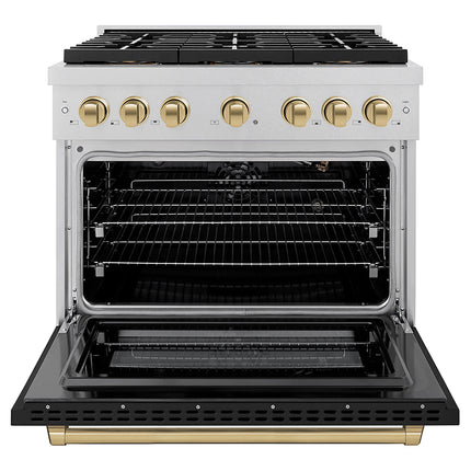 ZLINE Autograph Edition 36 in. 5.2 cu. ft. Paramount Gas Range with 6 Burner DuoPro™ Cooktop and Convection Gas Oven in Satin Stainless Steel with Black Matte Door and Champagne Bronze Accents (PSGRSZ-BLM36-CB)