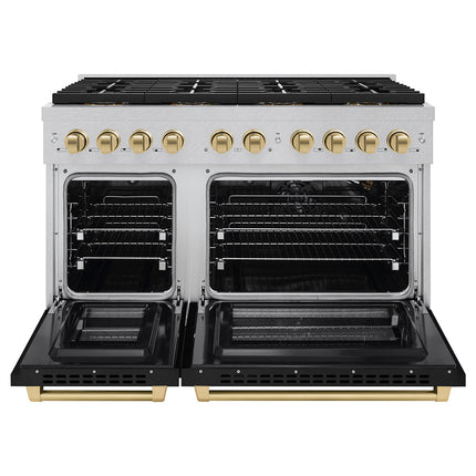 ZLINE Autograph Edition 48 in. 6.7 cu. ft. Paramount Dual Fuel Range with 8 Burner DuoPro™ Cooktop and Dual Ovens in Satin Stainless Steel with Black Matte Doors and Champagne Bronze Accents (PSDRSZ-BLM48-CB)