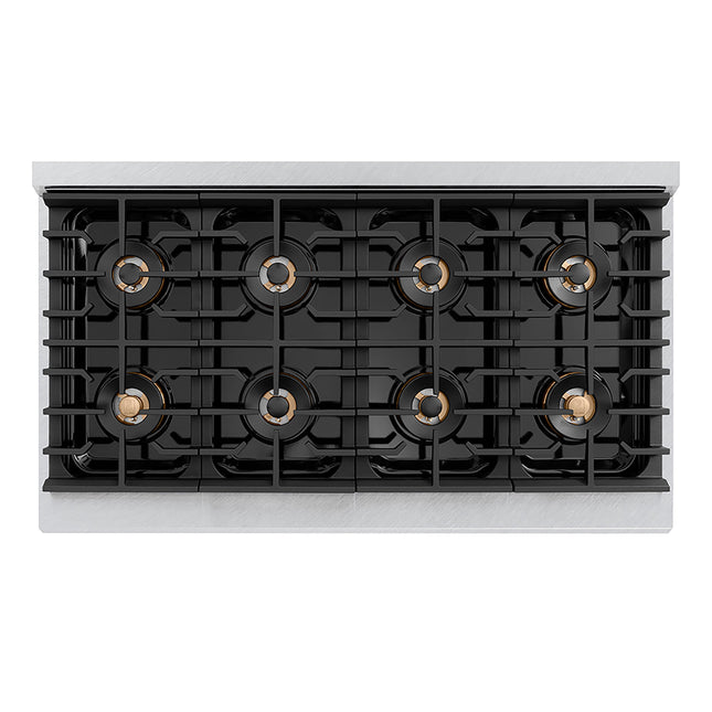 ZLINE Autograph Edition 48 in. 6.7 cu. ft. Paramount Gas Range with 8 Burner DuoPro™ Cooktop and Dual Ovens in Satin Stainless Steel with Black Matte Doors and Champagne Bronze Accents (PSGRSZ-BLM48-CB)