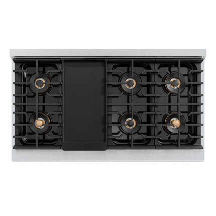 ZLINE Autograph Edition 48 in. 6.7 cu. ft. Paramount Gas Range with 8 Burner DuoPro™ Cooktop and Dual Ovens in Satin Stainless Steel with Black Matte Doors and Polished Gold Accents (PSGRSZ-BLM48-G)