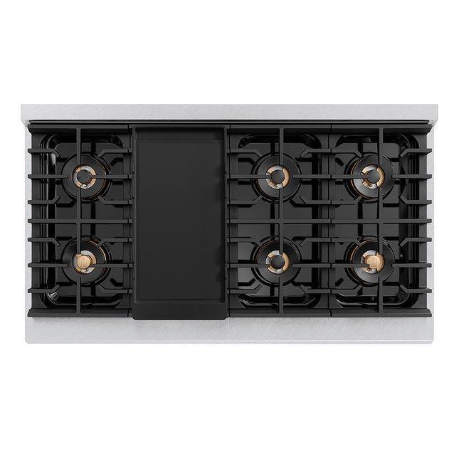 ZLINE Autograph Edition 48 in. 6.7 cu. ft. Paramount Gas Range with 8 Burner DuoPro™ Cooktop and Dual Ovens in Satin Stainless Steel with Black Matte Doors and Polished Gold Accents (PSGRSZ-BLM48-G)