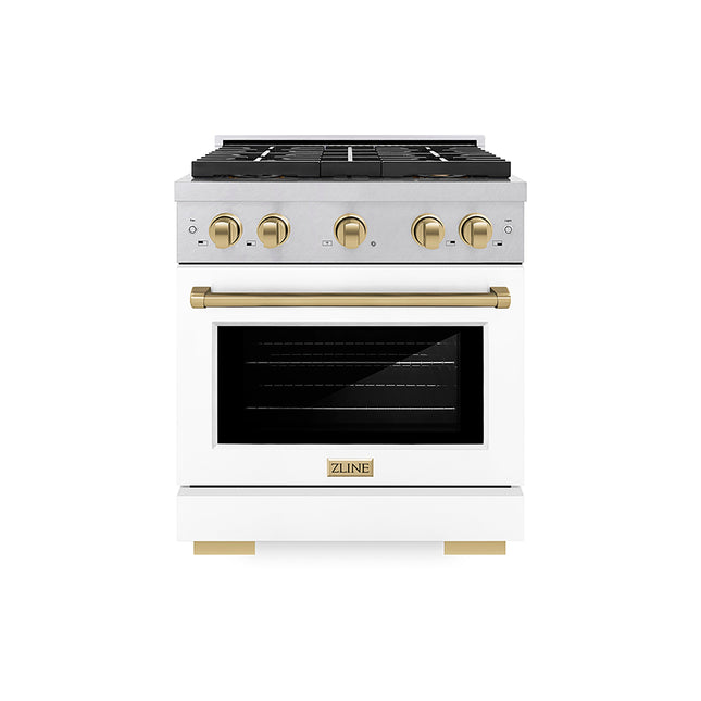 ZLINE Autograph Edition 30 in. 4.2 cu. ft. Paramount Gas Range with 4 Burner DuoPro™ Cooktop and Convection Gas Oven in Satin Stainless Steel with White Matte Door and Champagne Bronze Accents (PSGRSZ-WM-30-CB)