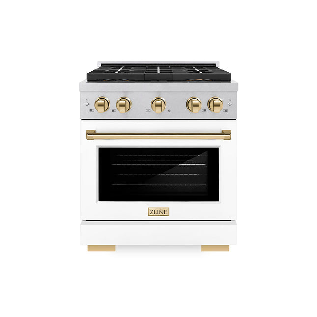 ZLINE Autograph Edition 30 in. 4.2 cu. ft. Paramount Gas Range with 4 Burner DuoPro™ Cooktop and Convection Gas Oven in Satin Stainless Steel with White Matte Door and Polished Gold Accents (PSGRSZ-WM-30-G)