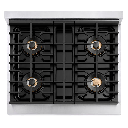 ZLINE Autograph Edition 30 in. 4.2 cu. ft. Paramount Gas Range with 4 Burner DuoPro™ Cooktop and Convection Gas Oven in Satin Stainless Steel with White Matte Door and Matte Black Accents (PSGRSZ-WM-30-MB)